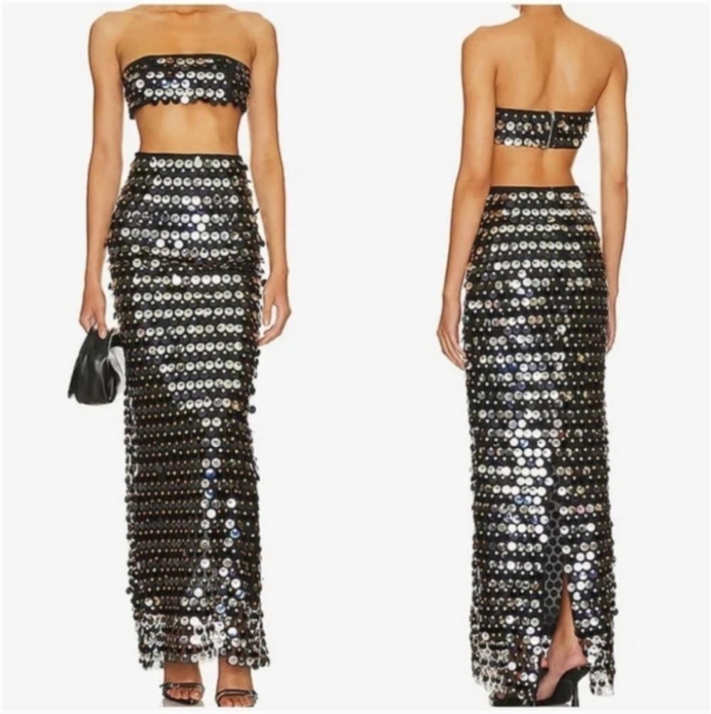 NWT Lovers + Friends Black/Silver Sequin 2 Pc Skirt Set Bandeau Top Maxi Skirt M - Picture 3 of 11